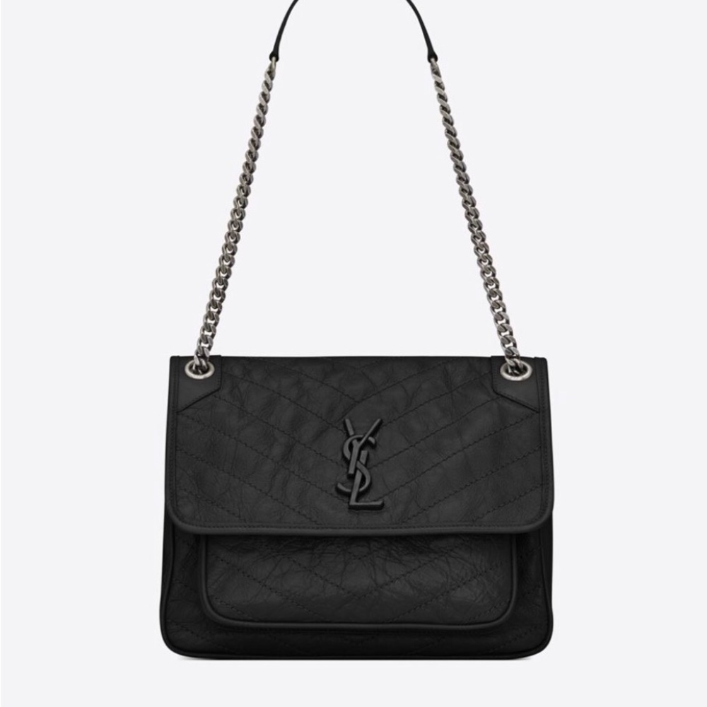 Authentic YSL Niki Medium Crinkled Shoulder Bag with Matching Wallet